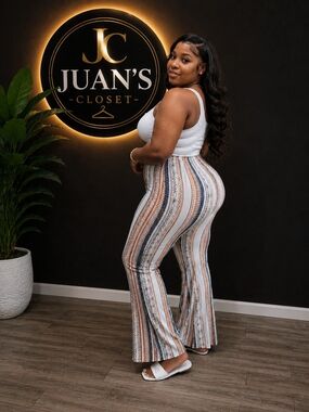 Curve Striped High-Waist Flare Pants - White Multi